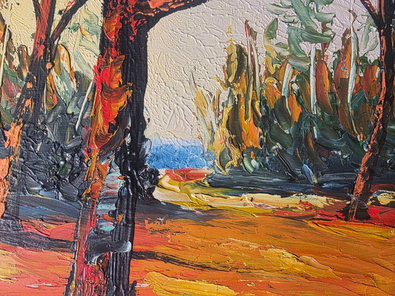 Peinture à l'huile expressionniste originale de paysage du milieu du siècle – Peintures et dessins, Toile (photo 7 of 11)