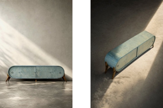 Image 1 of Credenza in legno stile Mid-Century Modern italiano, colore turchese, linee aerodinamiche, anni '60.