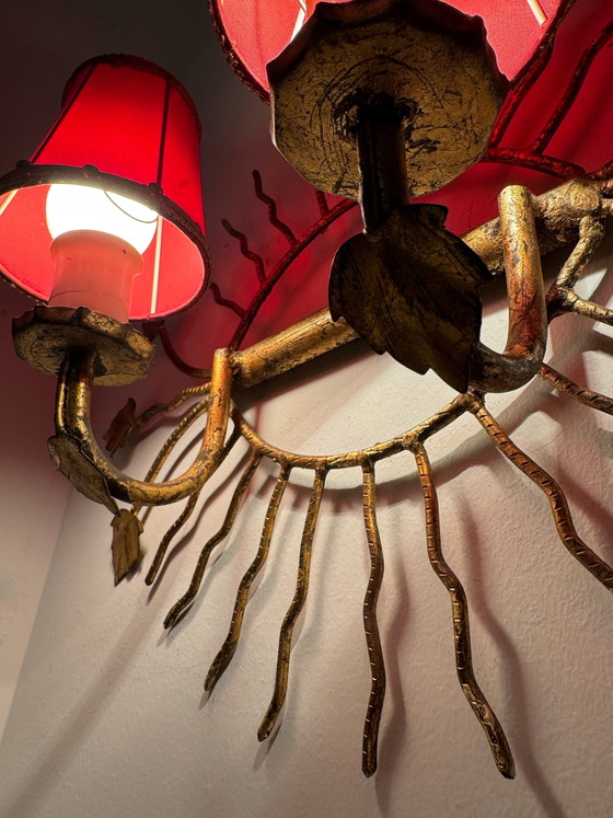 Image 1 of Applique da parete a forma di sole con foglie dorate, anni '60