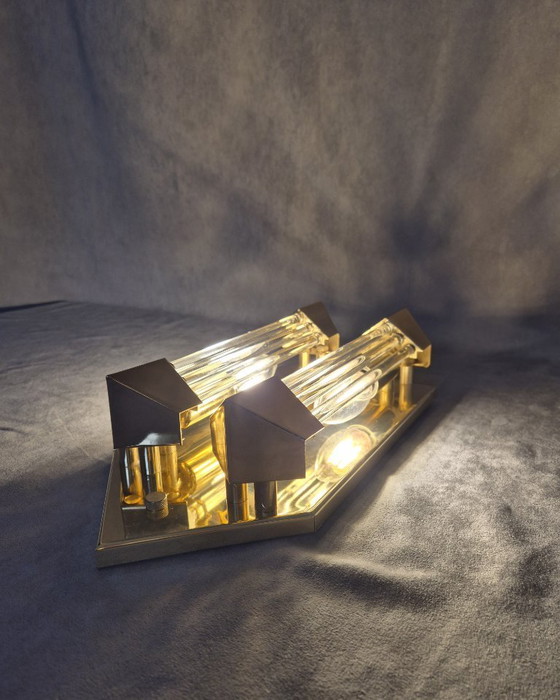 Image 1 of Applique murale Honsel vintage années 1980 – Métal doré, diffuseurs en verre, 2×E14