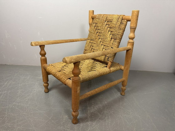 Image 1 of Poltrona in legno di faggio con intreccio in corda di sisal in stile Charlotte Perriand, anni '60.