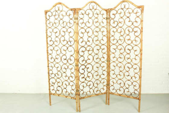 Image 1 of Paravento vintage in rattan – Paravento pieghevole decorato (anni '70)