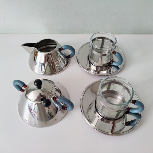Sugar Bowl, Milk Jug and Two Espresso Cups by Alessi Designed by Michael Graves