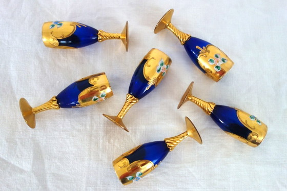 6 bicchieri da aperitivo Murano blu cobalto e oro vintage, Bicchieri e caraffe (foto 4 di 11)