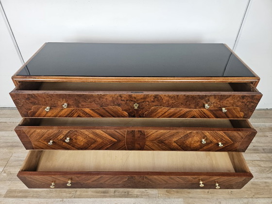 Image 1 of 1950s chest of drawers with glass top, maple workmanship and brass knobs