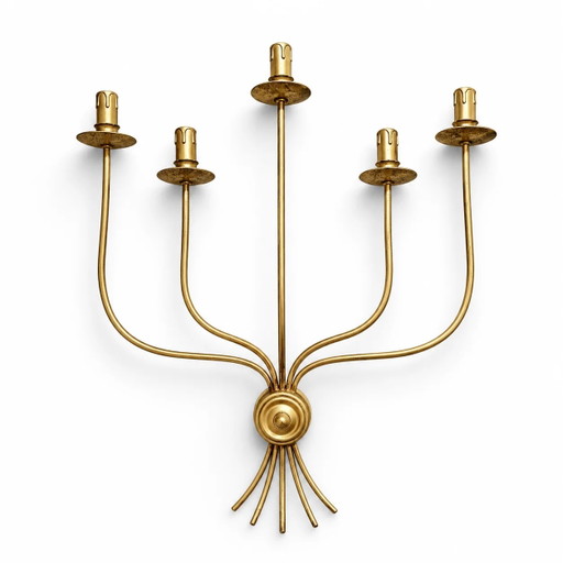 Large 5-arm metal brass painted wall sconce or candlestick featuring a sleek, minimalist mid-century design