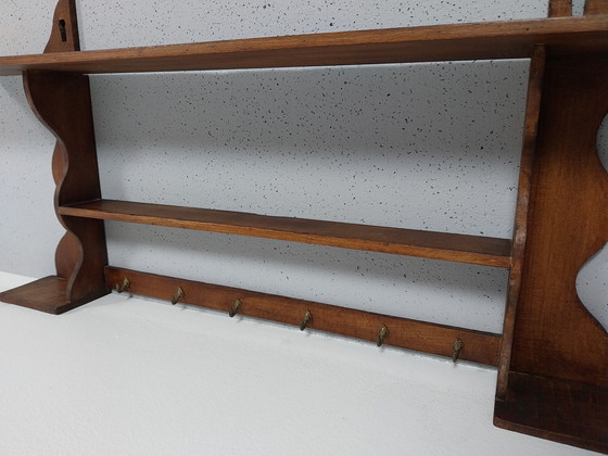 Image 1 of Rustic Vintage Wall Shelf with Hooks