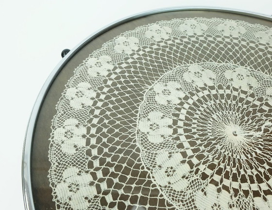 Image 1 of large rotating TRAY with fine crochet doily under glass wood and chrome 1930s