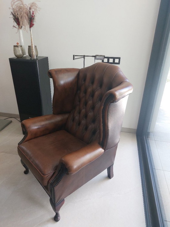 Image 1 of Set Chesterfield vintage in pelle marrone. Divano e 2 poltrone.