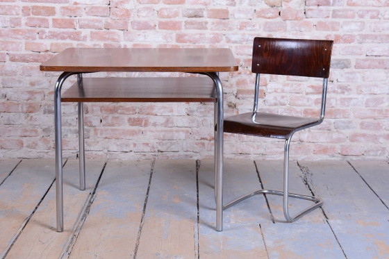 Gerestaureerde Bauhaus-tafel, van Vichr a spol., eikenhout, chroom, gepolijst, Tsjechisch, jaren 1940 (photo 14 of 15)