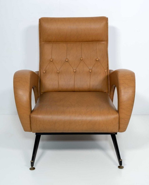Marco Zanuso Style Mid-Century Modern Italian Leather Lounge Chair, 1970s