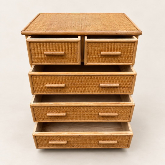 Vintage Woven Rattan Cane Chest of Drawers with Five Drawers - Bohemian Style, Brown (photo 7 of 9)