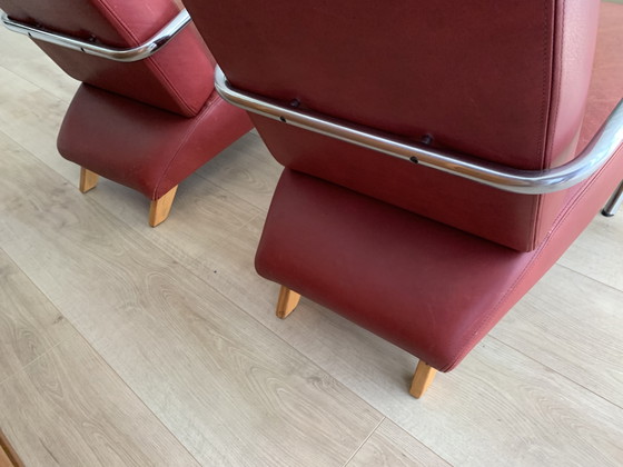 Image 1 of Lot de 2 Fauteuils Lotus Original Gelderland 5470 – Jan des Bouvrie – Cuir Bordeaux Rare