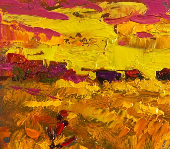 Image 1 of Original Oil Painting Sunset Field Landscape Silence in the pasture