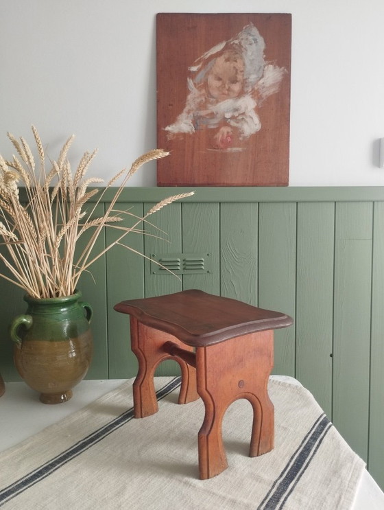 Image 1 of Small antique stool, Le Printemps wooden footrest, vintage plant holder.