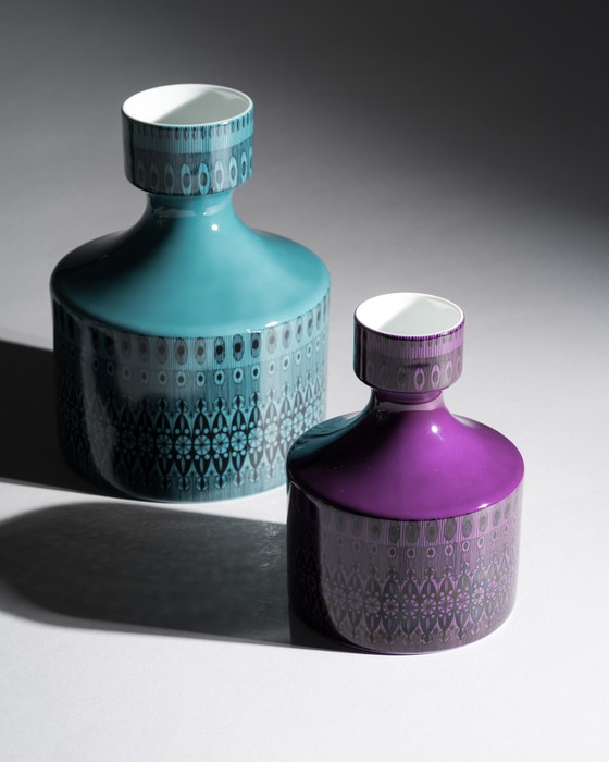 Image 1 of Dúo de jarrones Rosenthal Studio-Line Turquesa Púrpura Diseño gráfico de Theo Baumann Raro