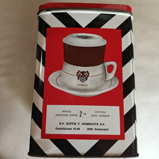 Image 1 of Barattolo di latta vintage per caffè Rombouts – Design grafico in bianco e nero – Latta pubblicitaria belga