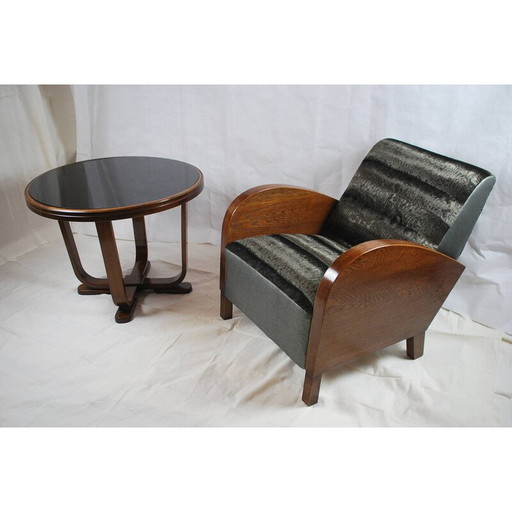 Fauteuil noir Mid Century et sa table basse - années 1950