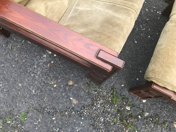 Mid Century Wood & Leather Armchairs With Pouf, Set of 4 – Mid Century Modern (photo 7 of 10)