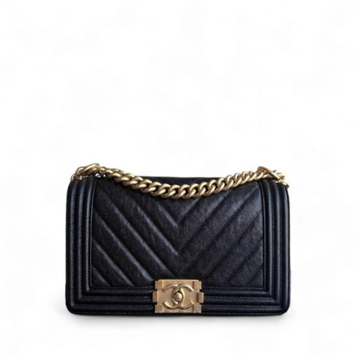 Chanel Boy Medim - Caviar 25CM generfd kalfsleer Chevron Zwart Goudkleurige hardware Serie 26