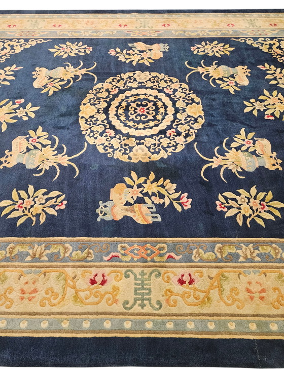 Image 1 of Handgeknüpfter orientalischer Aubusson-Teppich aus Wolle mit blauem Blumenmuster, 307 x 430 cm