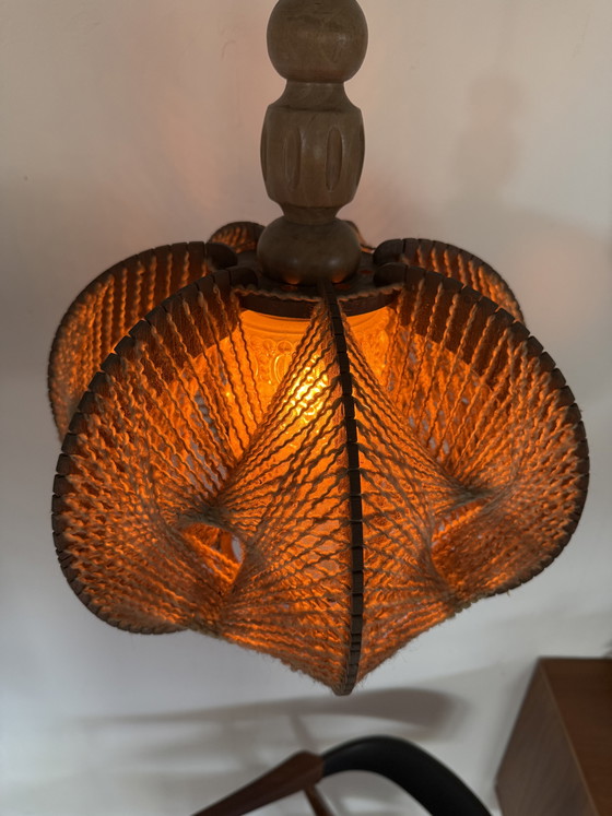 Image 1 of Vintage Danish pendant lamp in glass, wool & wood ‘60s