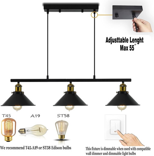 Timi Home Industrial 3-light pendant, vintage chandelier with matte-finish shade, adjustable height and drop, retro lighting p