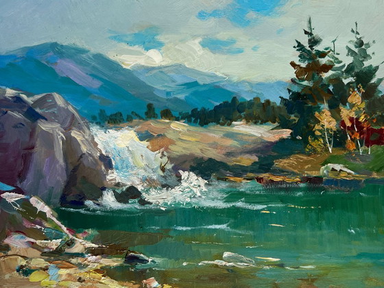 Image 1 of Original Oil Painting Summer Mountains Landscape There is a waterfall in the mountains