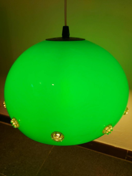 Lampada a sospensione verde in stile Space Age, lampada a forma di UFO, anni '70