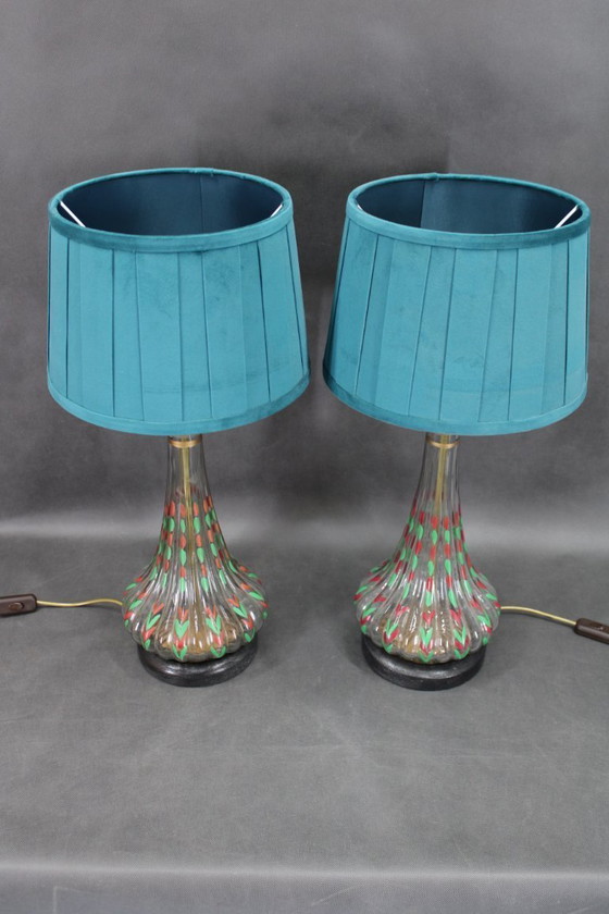 Image 1 of Paire de lampes de table en verre peintes à la main avec abat-jour en tissu neuf, Tchécoslovaquie, années 1960