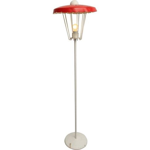 Lámpara de pie vintage de metal rojo y blanco, 1950