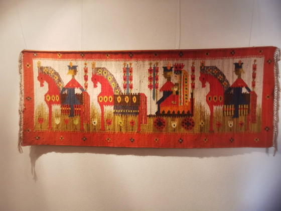 M. Domańska Kilim "Wesele" rouge et jaune, Tapis, Laine, Vintage (photo 7 sur 13)