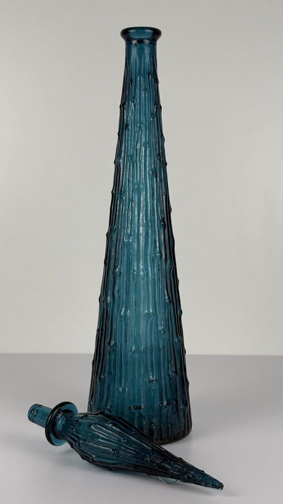 Image 1 of Vintage Empoli wax drip genie bottle with bamboo blue glass cap