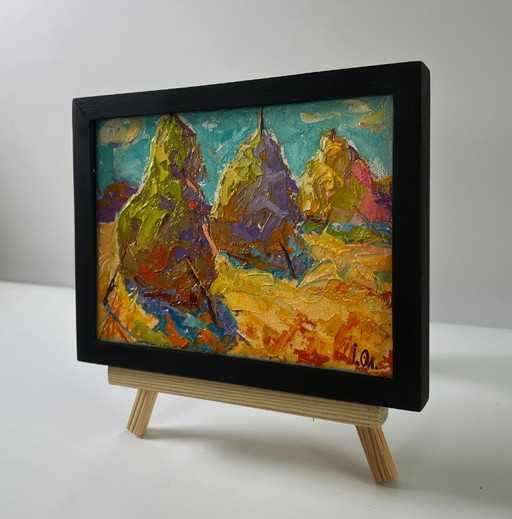 Original Oil Painting Summer Day Landscape Haystacks In A Field