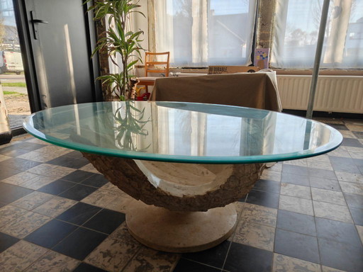 Shell-shaped designer coffee table with glass top