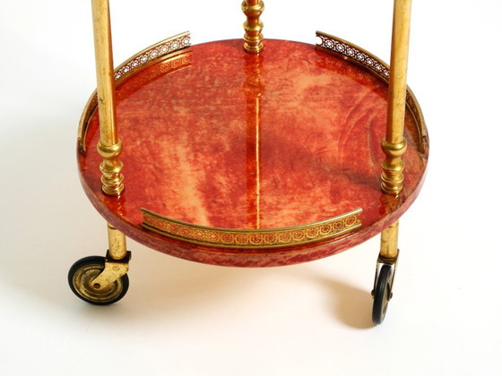 Image 1 of Round, small 1960s Aldo Tura serving or bar trolley in red goatskin leather | Made in Italy