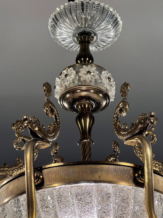 Uniek! Echte Art Nouveau Kroonluchter met glazen schaal en messing vis. Circa 1915 – Glass, Brass, Art Deco (photo 4 of 9)