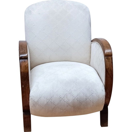 Vintage fauteuil in donker hout en gebroken wit katoen, 1930