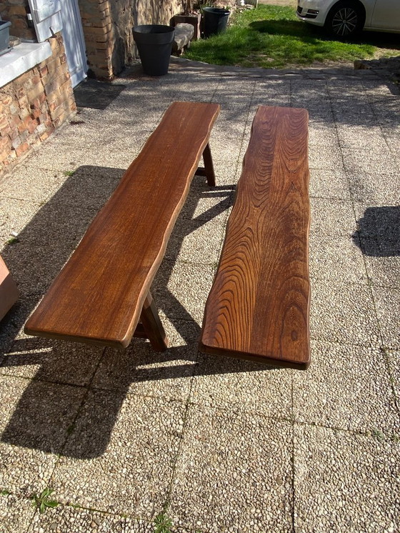 Image 1 of Pair of elm benches for a rustic brutalist farmhouse table, 1950s