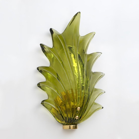 Image 1 of Pair Barovier & Toso Style Modern Italian Murano Glass Leaf Sconces