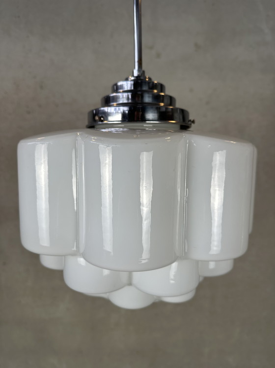 Image 1 of Art Deco pendant lamp - opaline and chrome
