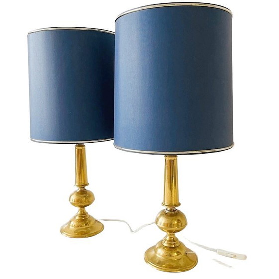 Image 1 of Mid-century paar messing tafellampen goud blauw Hollywood Regency 1950's