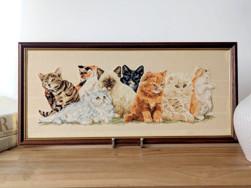 Vintage Jannlynn Cross-Stitch “Cats in a Row" | Handmade and Framed