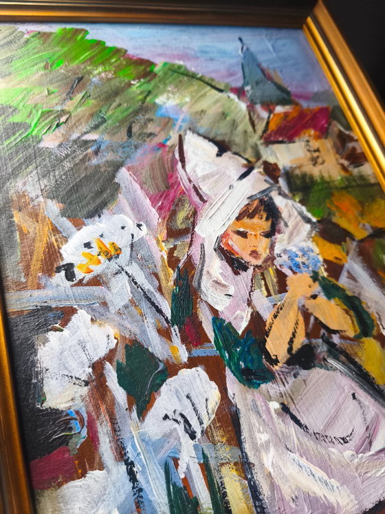 Image 1 of Original Signed Oil Painting Vintage Expressionist Woman Folk Art Framed