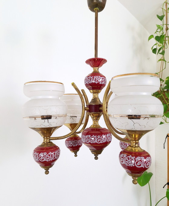 Image 1 of Vintage kroonluchter, 4 Arm Messing Keramiek en Glas Plafondlamp, Vintage Licht Armatuur, 70s Hanglamp, Mid Century Modern Lam