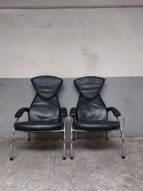 Image 1 of Black Leather Chrome Armchairs 80'