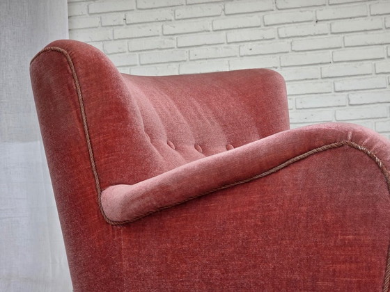 Image 1 of 1970s, Danish armchair, salmon pink furniture velour, oak wood.