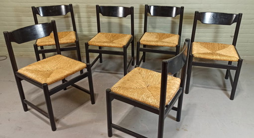 6x hout en riet eetkamerstoelen vintage