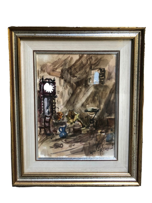 Pintura a la acuarela de Giulio Falzoni, años 60
