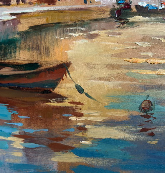 Image 1 of Original Oil Painting Evening City Landscape The flaming evening horizon